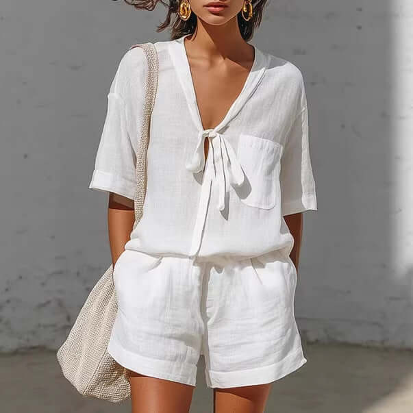 Women's Summer Casual V-Neck Cardigan Shirt Shorts Set fresh mint green short sleeve cardigan styled on fashion lookbook
