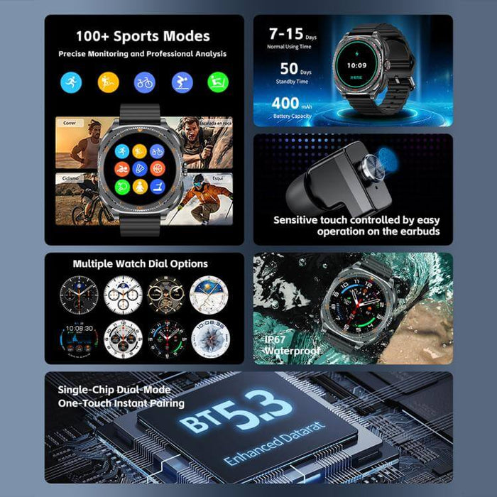 1.53-inch Display 2-in-1 Smart Sports Watch showcasing features like 100+ sports modes, multiple watch dials, and waterproof design.