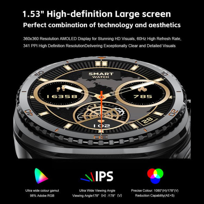 1.53-inch Display 2-in-1 Smart Sports Watch with AMOLED screen showcasing stunning visuals and high refresh rate.