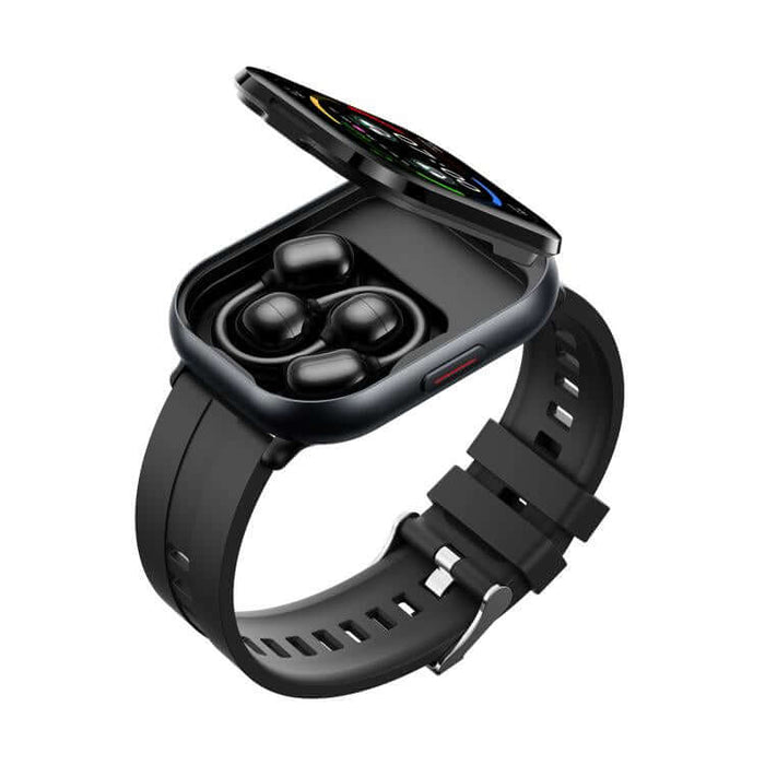 2.01 inch TFT Screen Smart Bluetooth Watch compact dual earbud audio accessories resting next to bezel