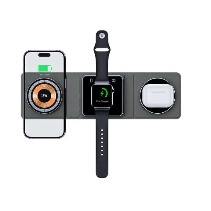 3 in 1 Magnetic Folding Wireless Charger for iPhone & Watch transparent.
