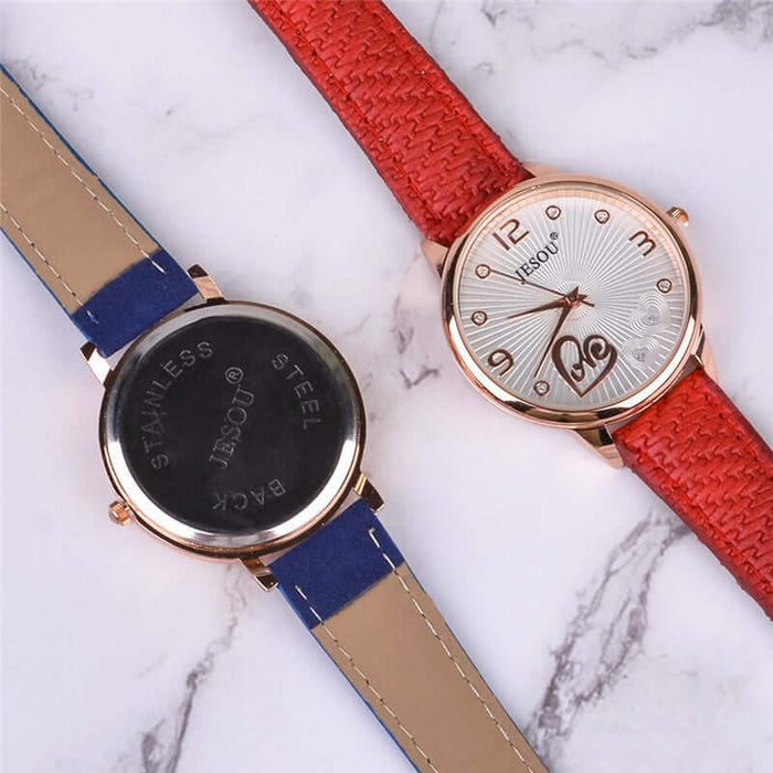 3-Piece Women's Quartz Watch & Sunglasses Gift Box Set featuring stylish watch with textured red strap and stainless steel back.