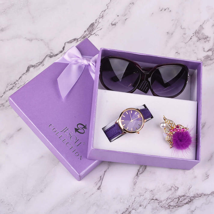3-Piece Women's Quartz Watch & Sunglasses Gift Box Set in a purple box with sunglasses and a stylish watch.