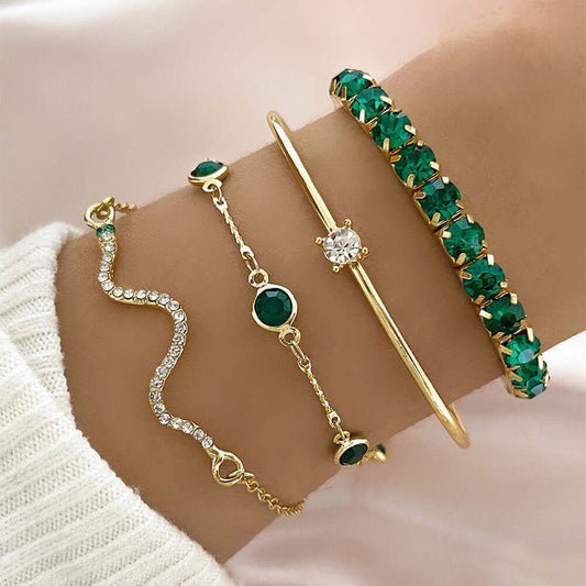 4pcs Womens Green Diamond Stretch Bracelet Set emerald green color