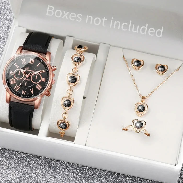 5-6pcs fashion quartz watch & heart rhinestone jewelry set romantic heart design leather strap watch set