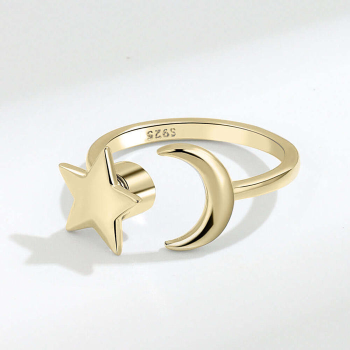 Adjustable Rotatable Star Moon Ring in elegant white gold finish reflecting studio light on a clean background