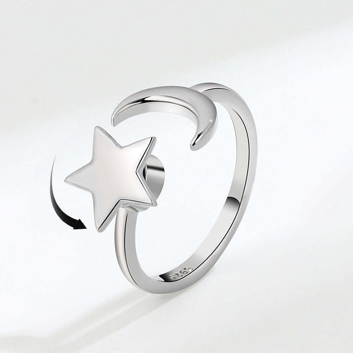 Adjustable Rotatable Star Moon Ring showing the flexible open band construction designed for a custom resize fit