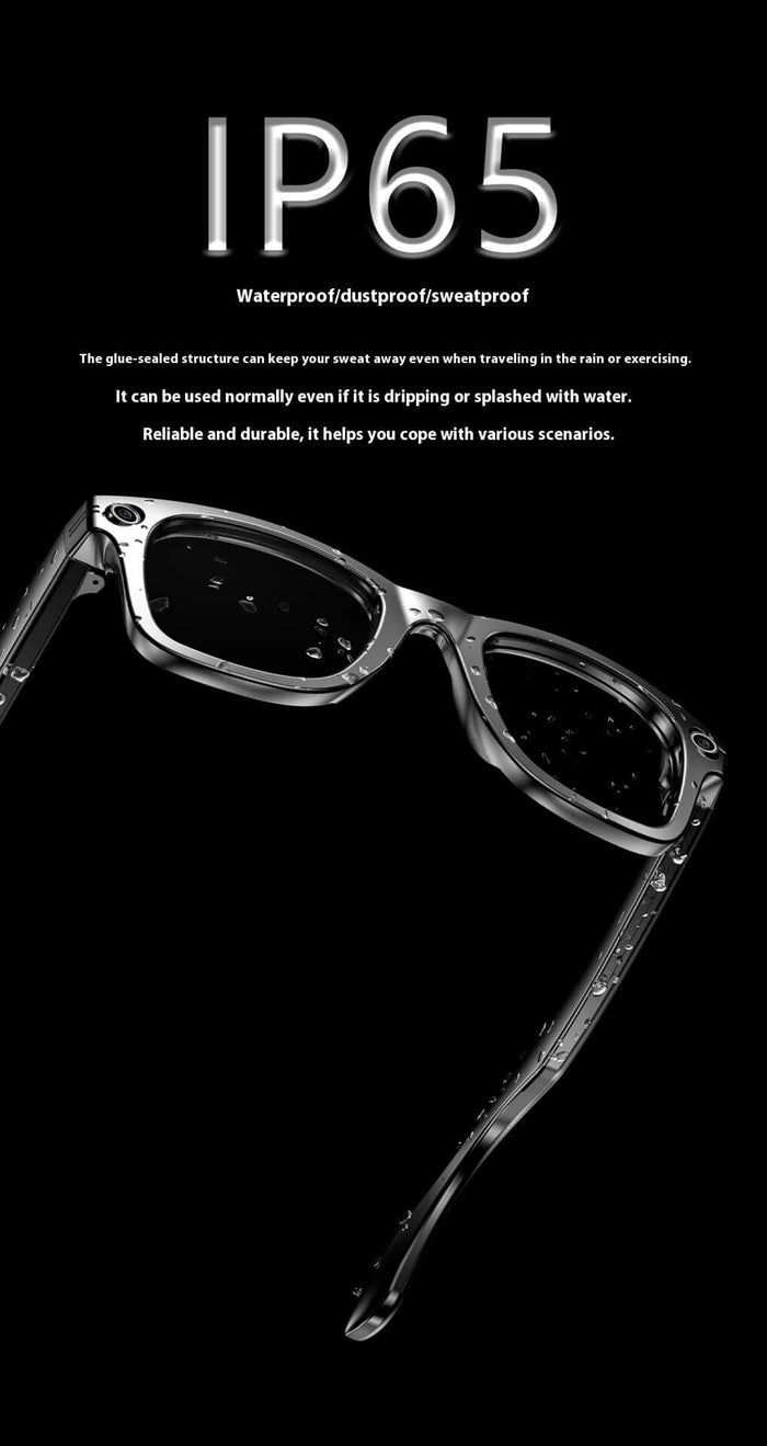AI Smart Bluetooth Glasses showcasing waterproof features with IP65 rating, ideal for men on the go.