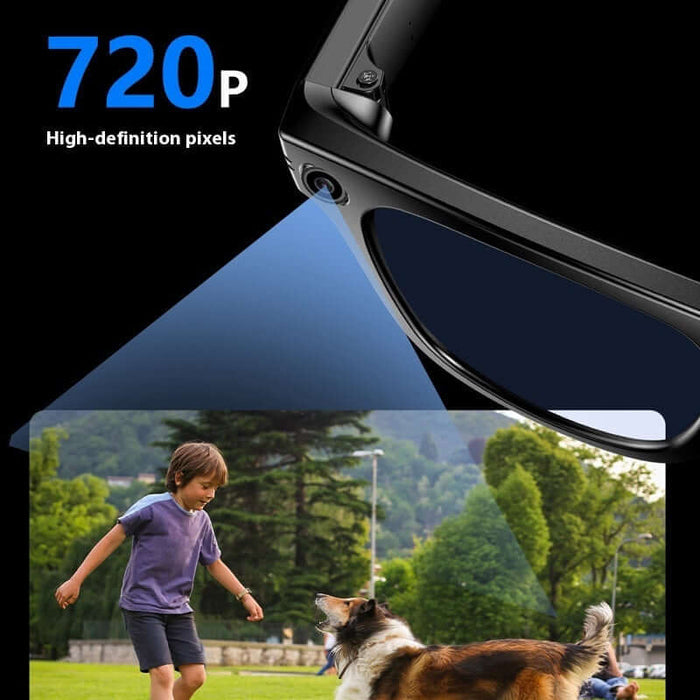 AI Smart Bluetooth Glasses showcasing 720P high-definition pixels with a child and dog playing outdoors.