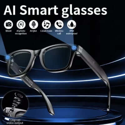 AI Smart Bluetooth Glasses showcasing video recording features, wireless call, and AI technology in a stylish design.