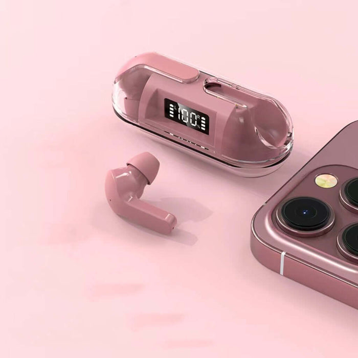 Air13 Pro Fully Transparent Bluetooth Earphones 5.3 pink fashion model.