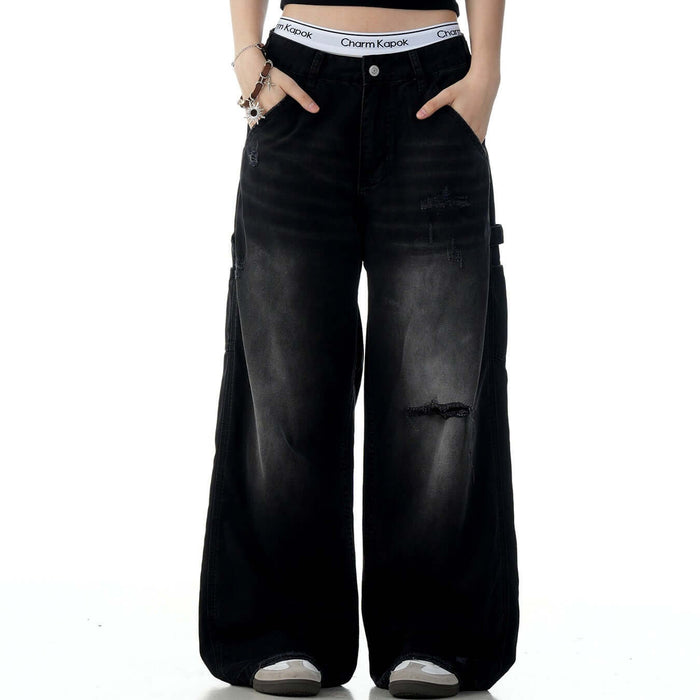 American Retro Tattered Jeans black straight leg.
