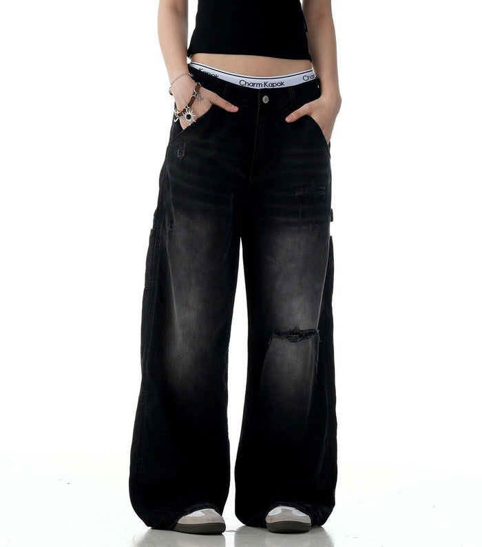 American Retro Tattered Jeans cotton fabric trousers.
