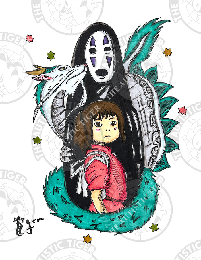 Art Print - A17 No Face, Chihiro Ogino and Haku Dragon - Spirited Away Ghibli