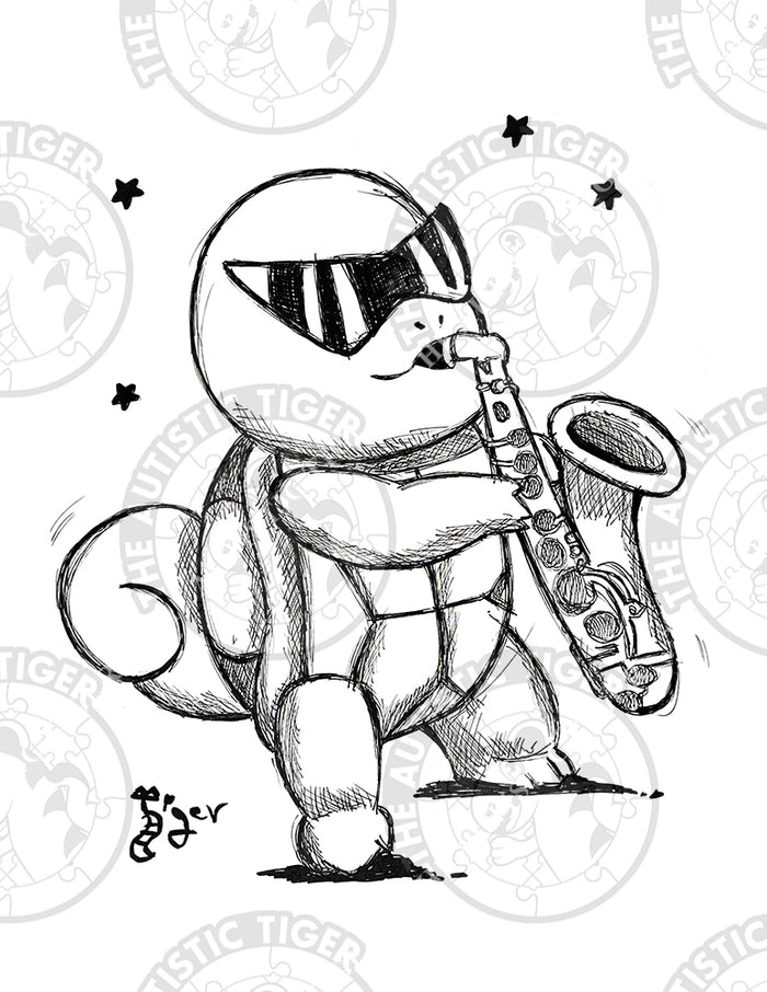 Art Print - P05 Squirtle Playing Sax B/W - Pokemon