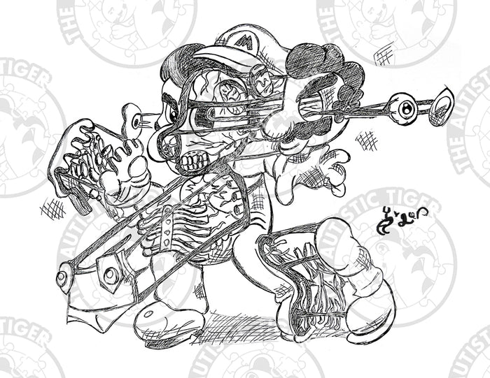 Art Print - P08 Mario Dissected B/W - Super Mario Bros / Nintendo
