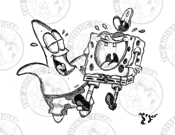Art Print - P14 Spongebob and Patrick Laughing B/W - Spongebob Squarepants