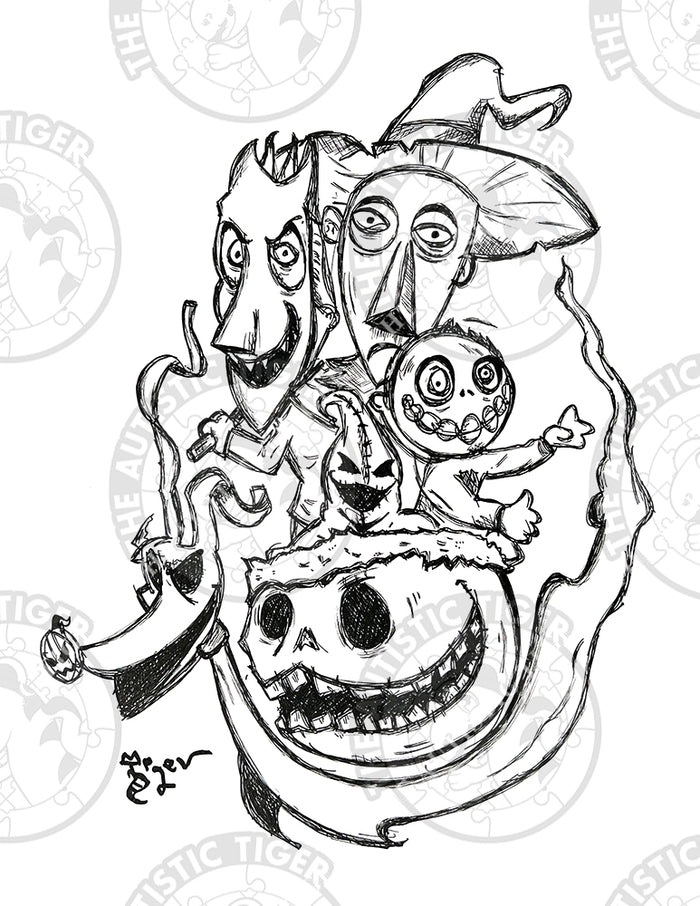 Art Print - P34 Jack, Zero and Friends B/W - Nightmare Before Christmas