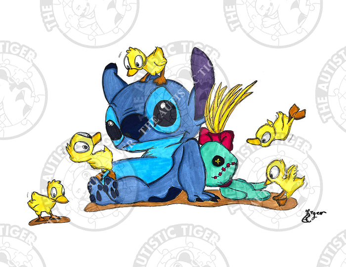Art Print - S08 Stitch and Baby Ducks - Lilo and Stitch