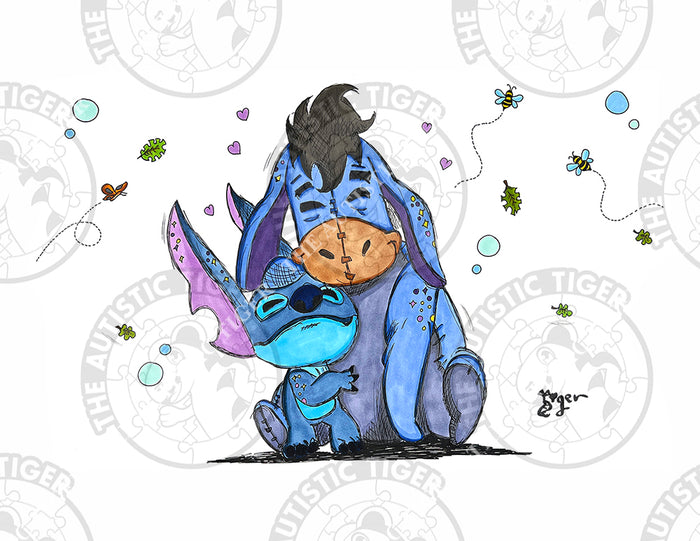 Art Print - S10 Stitch Hugs Eeyore - Lilo and Stitch