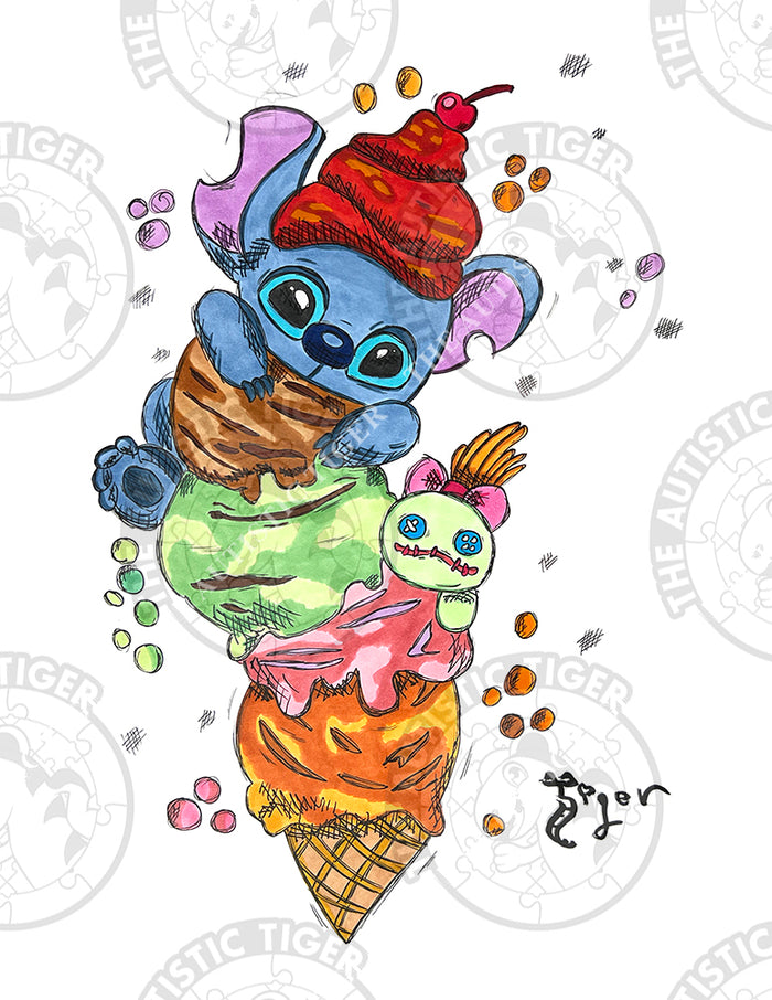 Art Print - S19 Stitch and Scrump with HUGE Ice Cream Cone - Lilo and Stitch