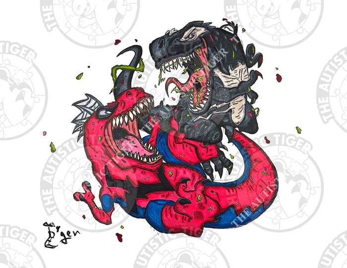 Art Print - SH05 T-Rex Spiderman v Venom - Marvel