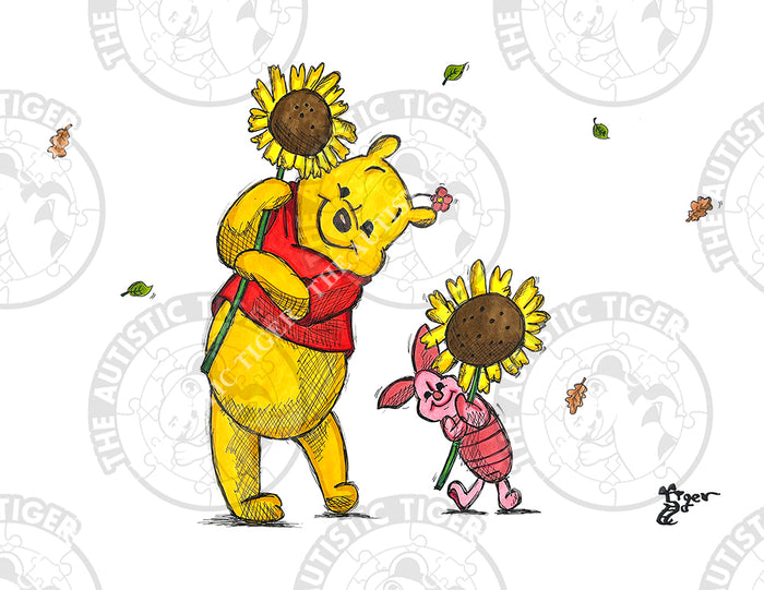 Art Print - W08 Pooh and Piglet with Sunflowers - Winnie the Pooh DIsney