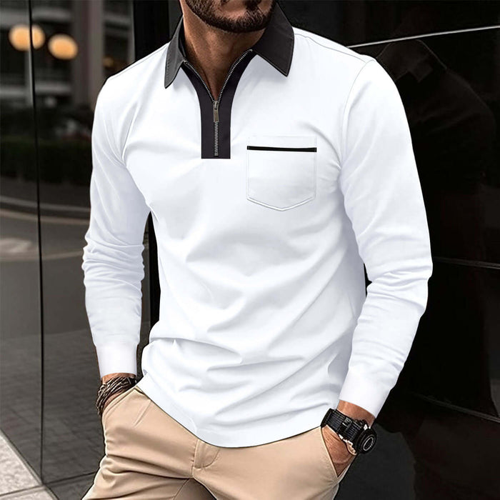 Autumn Mens Long Sleeve Zipper Polo Shirts smart casual navy blue and white edition styled inside studio lighting