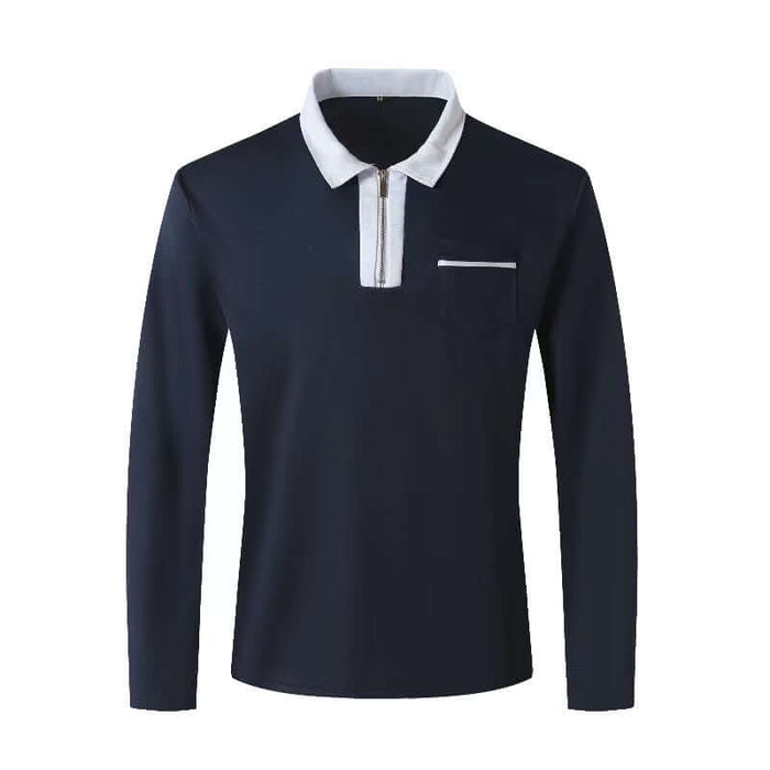 Autumn Mens Long Sleeve Zipper Polo Shirts premium gray and navy blue contrast fabric detailing setup view