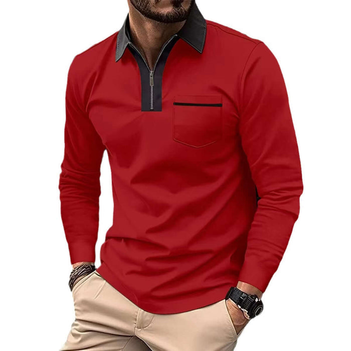 Autumn Mens Long Sleeve Zipper Polo Shirts bold athletic red and black design combination highlighting dynamic styling