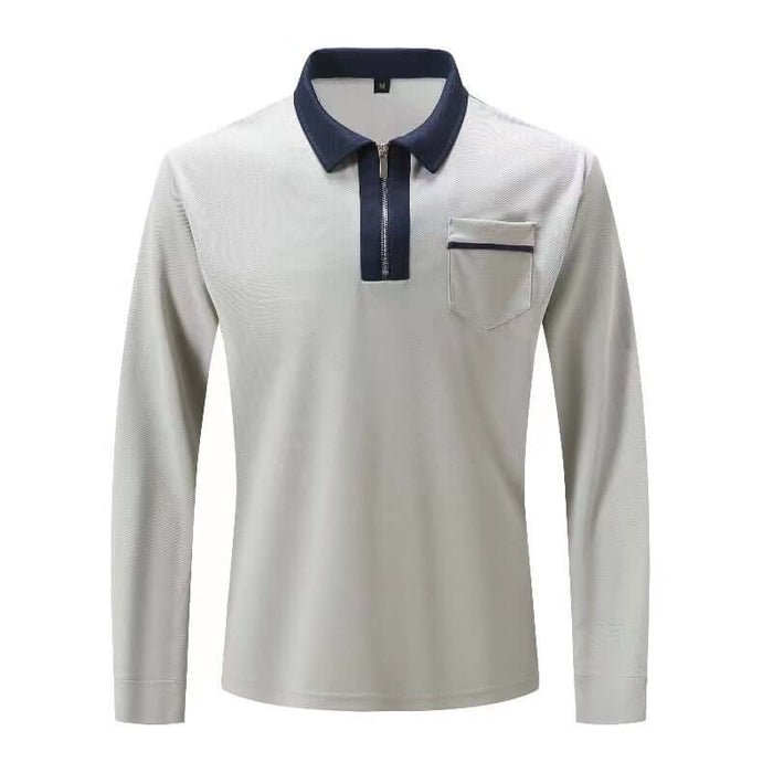 Autumn Mens Long Sleeve Zipper Polo Shirts active light blue and white layout showcasing crisp tailored long sleeves