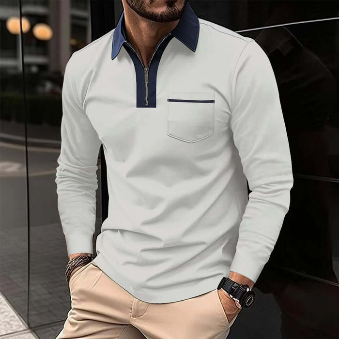 Autumn Mens Long Sleeve Zipper Polo Shirts pristine high contrast white and black pattern textile closeup details