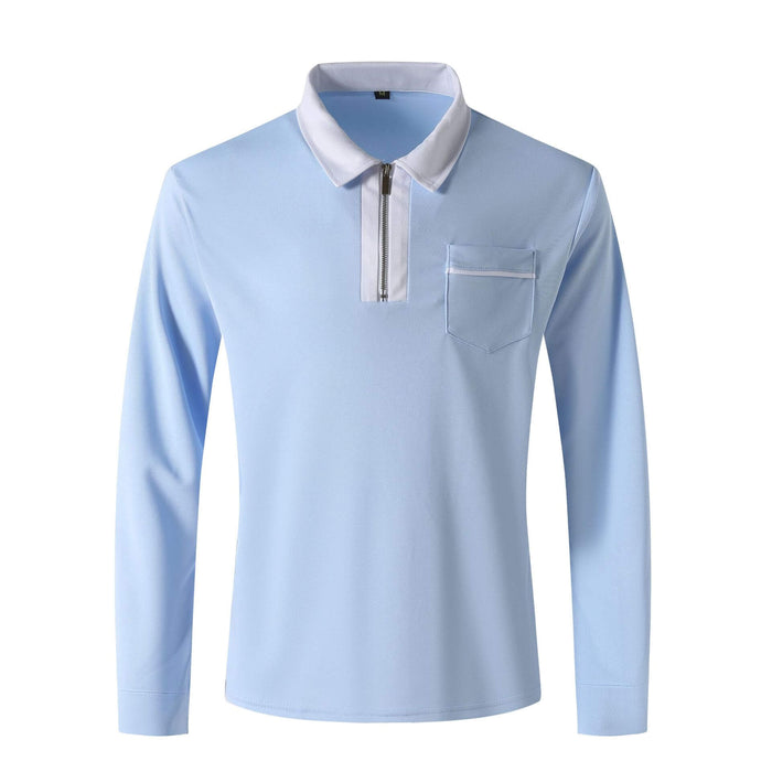 Autumn Mens Long Sleeve Zipper Polo Shirts robust metallic front zipper hardware decoration detail close up