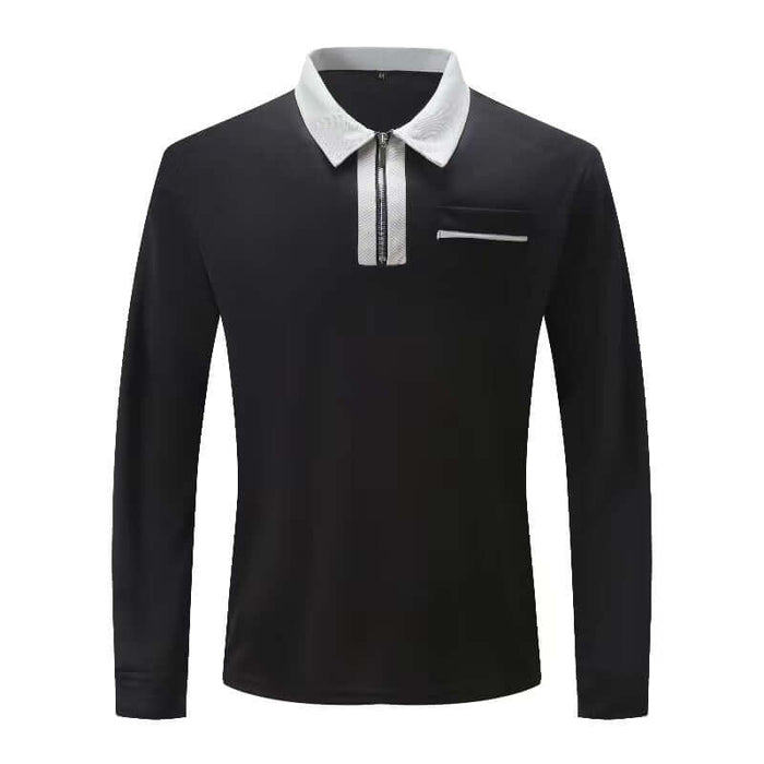 Autumn Mens Long Sleeve Zipper Polo Shirts sleek sophisticated black and gray casual variant display profile view