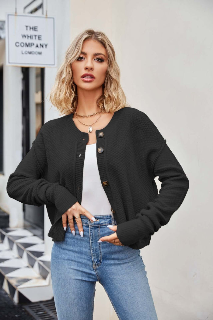 Autumn Single Button Commuter Knitted Cardigan Jacket worn by a woman in a stylish urban setting.