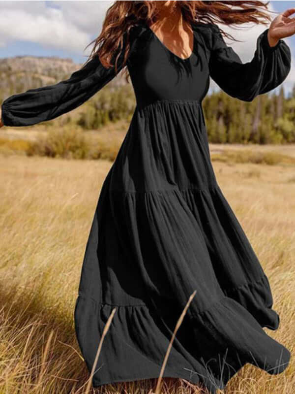 Autumn Temperament Women Large Swing Dress Round Neck long puff sleeve detail
