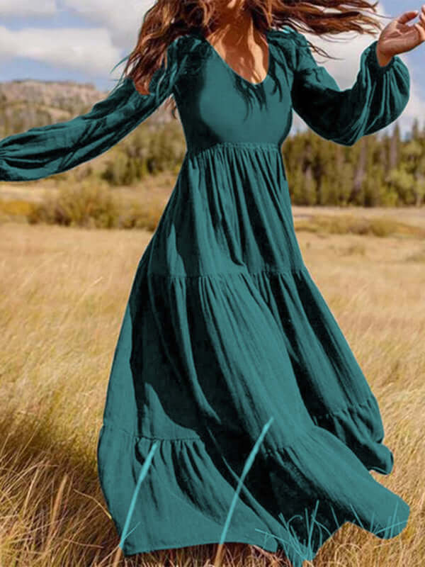 Autumn Temperament Women Large Swing Dress Round Neck round collar construction
