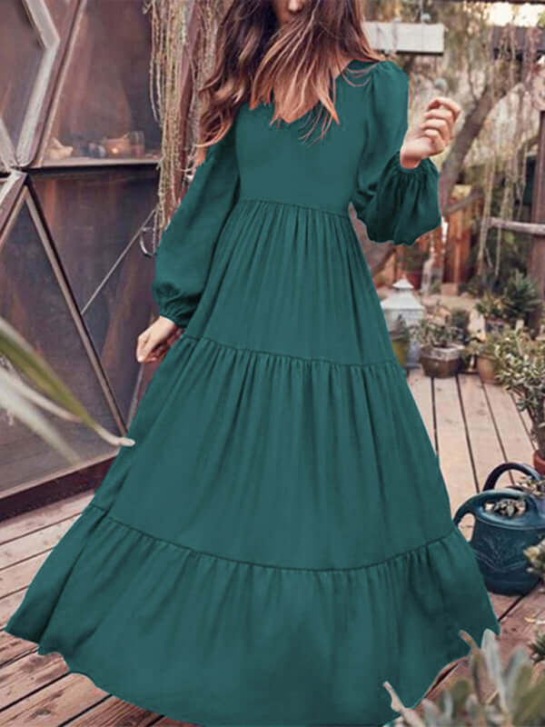 Autumn Temperament Women Large Swing Dress Round Neck 100 percent polyester fabric