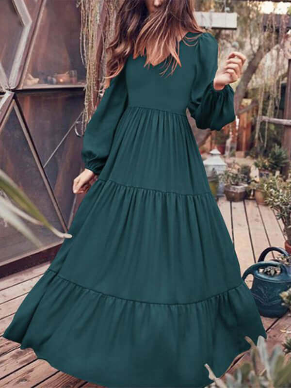 Autumn Temperament Women Large Swing Dress Round Neck large swing silhouette display
