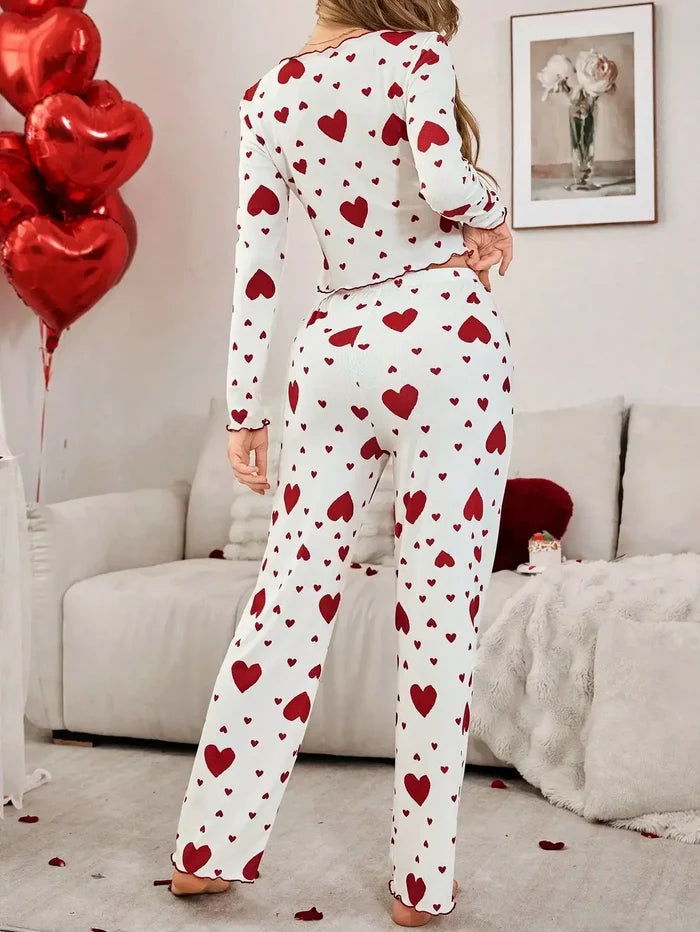 Autumn Winter Heart Print 2 Piece Pajama Set front view
