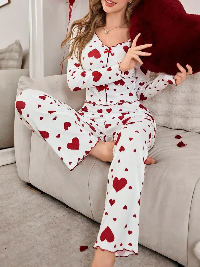 Autumn Winter Heart Print 2 Piece Pajama Set long sleeve top
