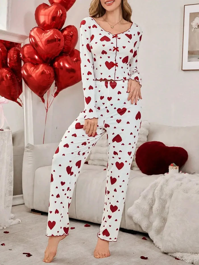 Autumn Winter Heart Print 2 Piece Pajama Set matching pants