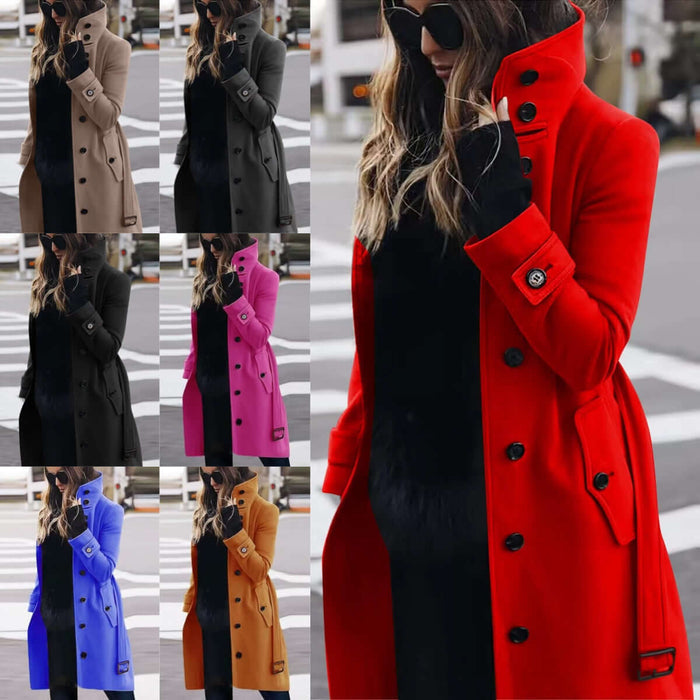 Autumn Winter Woolen Coat Slim Fit Stand Collar Jacket collection in various colors including red, pink, blue, and beige.
