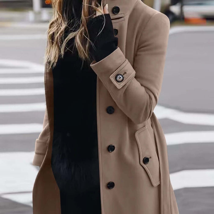 Autumn Winter Woolen Coat Slim Fit Stand Collar Jacket worn by a woman on a city street.