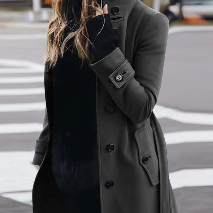 Autumn Winter Woolen Coat Slim Fit Stand Collar Jacket worn by a woman in a stylish urban setting.
