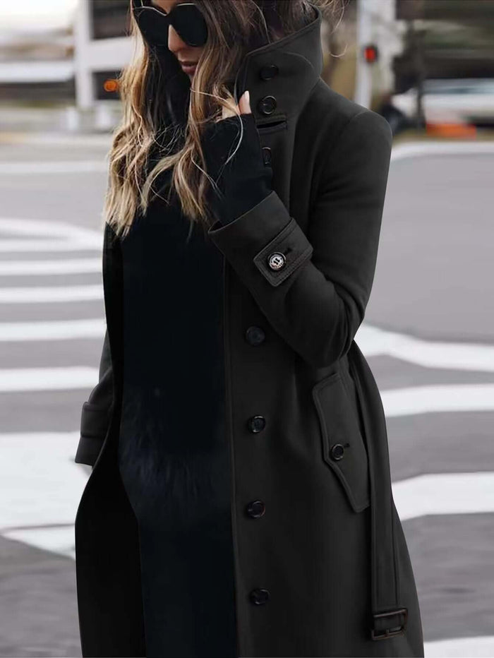 Autumn Winter Woolen Coat Slim Fit Stand Collar Jacket modeled by a woman in a chic outfit on city street.