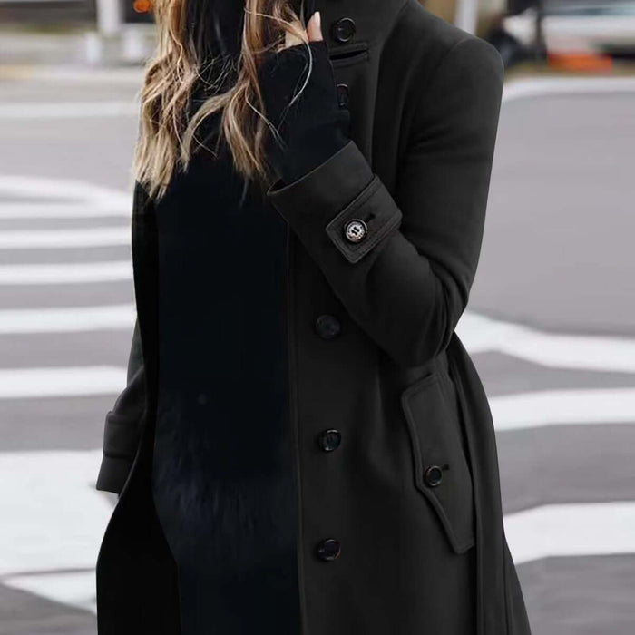 Autumn Winter Woolen Coat Slim Fit Stand Collar Jacket in a stylish outdoor scene.