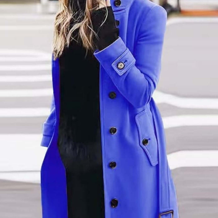 Autumn Winter Woolen Coat Slim Fit Stand Collar Jacket in blue worn on a stylish model.