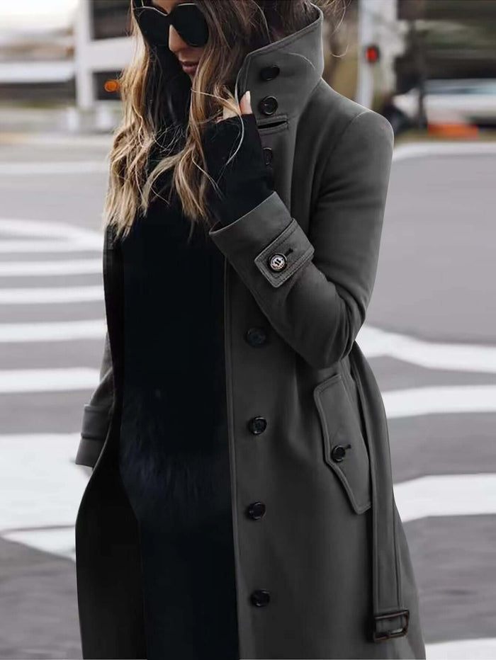 Autumn Winter Woolen Coat Slim Fit Stand Collar Jacket in stylish gray on a city street.