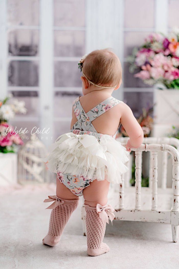 Baby Girl Vintage Green Floral Ruffle Bum Romper